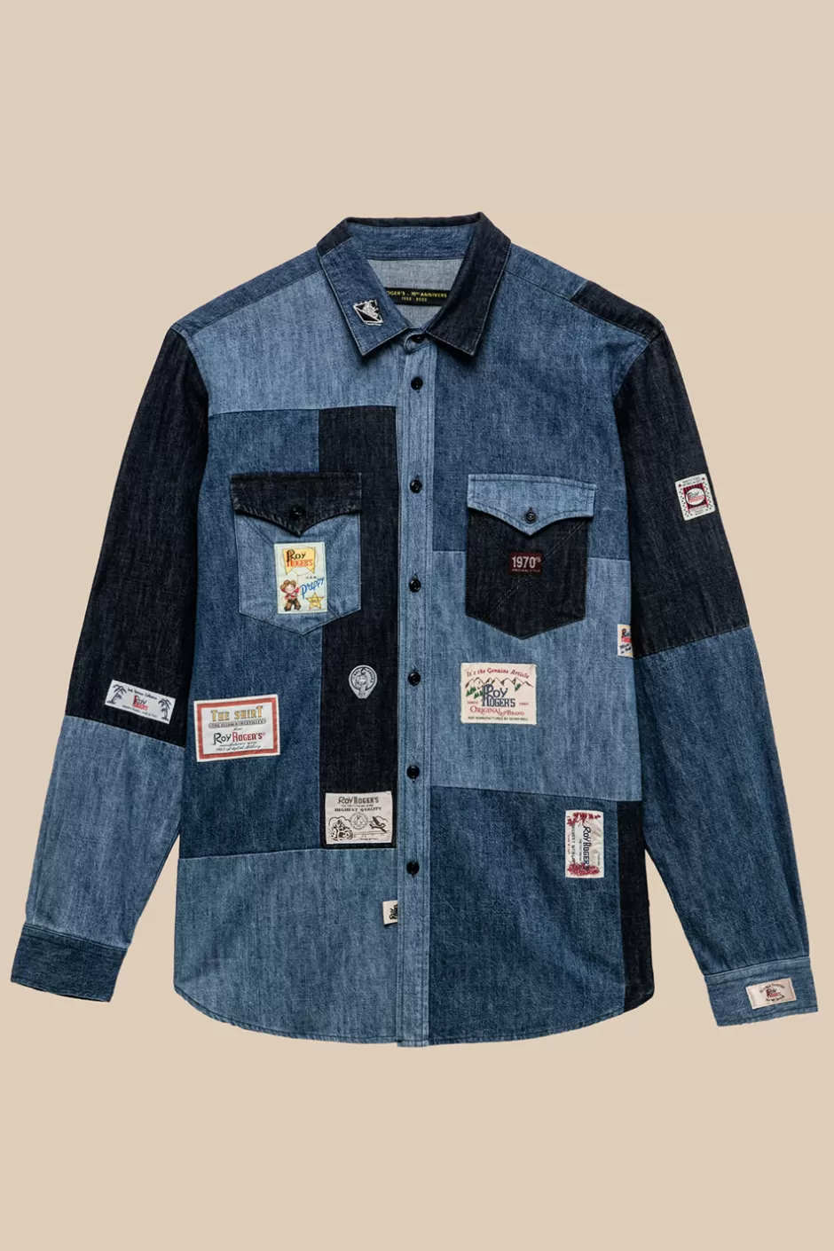 Chemise décontractée Roy Rogers en denim vieilli - Edition spéciale 70ème anniversaire style patchwork Kansas avec détails vintage pour un confort authentique