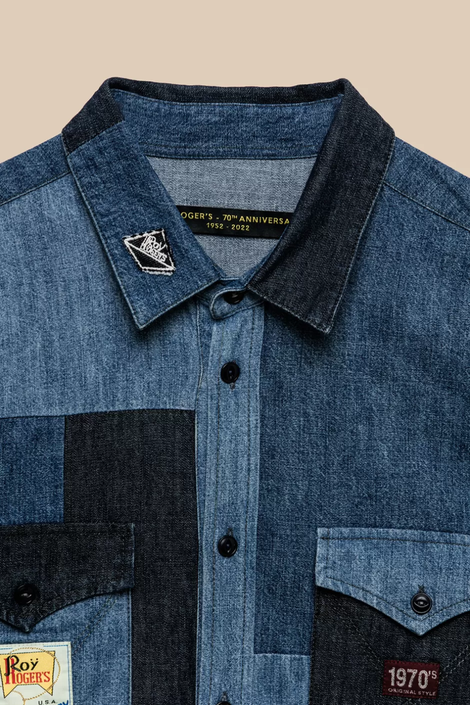 Chemise décontractée Roy Rogers en denim vieilli - Edition spéciale 70ème anniversaire style patchwork Kansas avec détails vintage pour un confort authentique