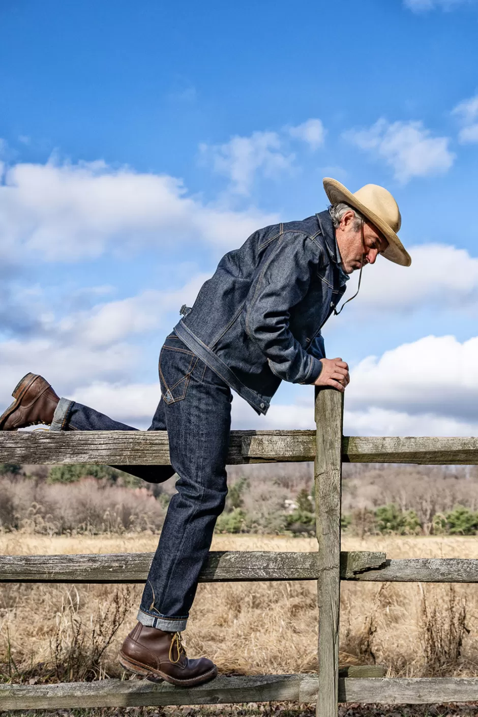 Jean droit Roy Rogers pour homme - Coupe ample délavée en denim selvedge japonais, ajustement naturel au fil des lavages