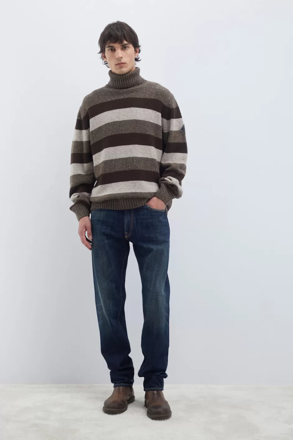 Roy Rogers - Pull Homme Hiver en Laine-Cachemire Doux, Col Roulé à Rayures Multicolores
