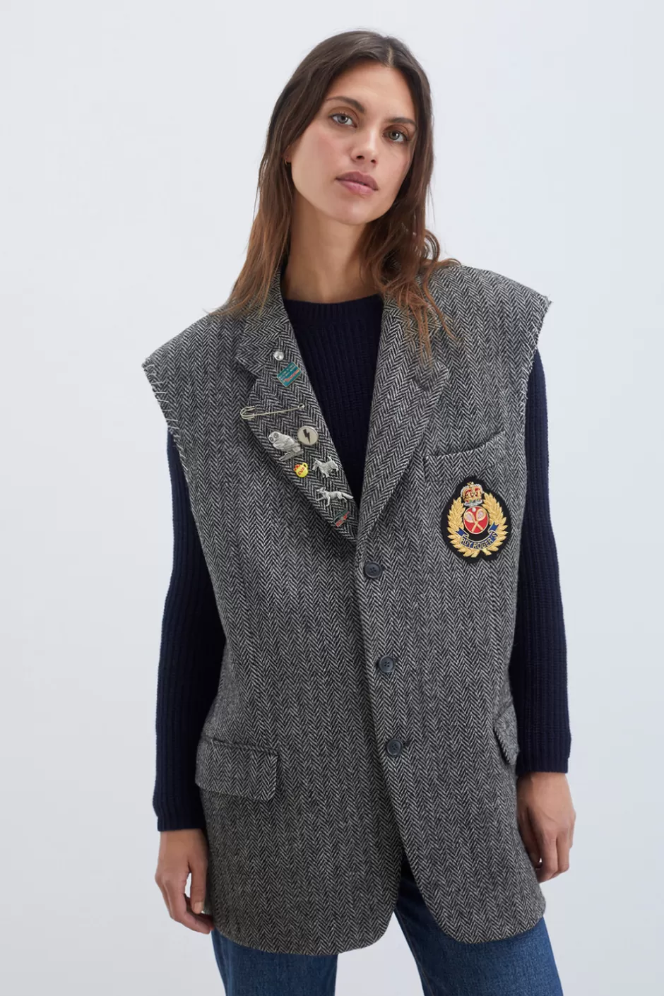 Veste Donna-Roy-Rogers en Tweed Harris rétro - Pièce collector années 70 avec broderies patriotiques, coupe ajustée pour élégance intemporelle
