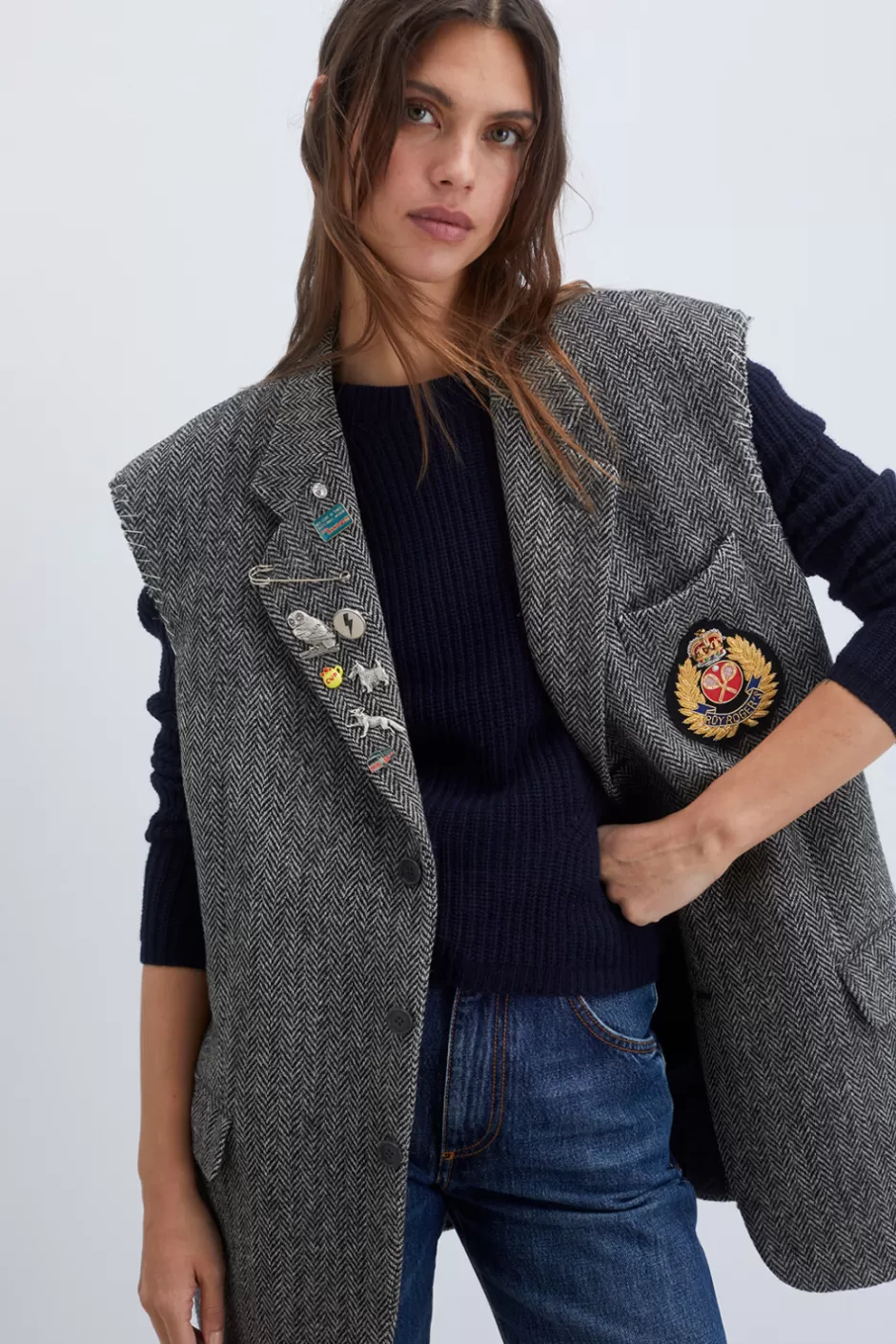 Veste Donna-Roy-Rogers en Tweed Harris rétro - Pièce collector années 70 avec broderies patriotiques, coupe ajustée pour élégance intemporelle