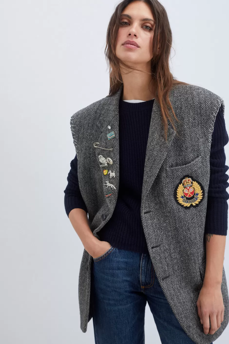 Veste Donna-Roy-Rogers en Tweed Harris rétro - Pièce collector années 70 avec broderies patriotiques, coupe ajustée pour élégance intemporelle