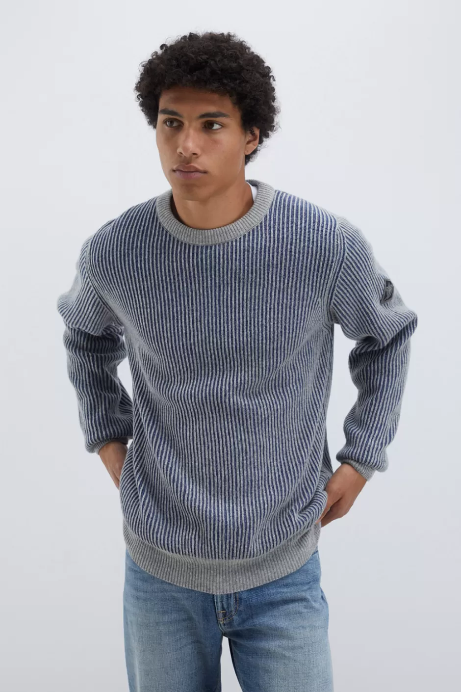 Pull Homme Roy Rogers - Col Rond en Laine et Cachemire Doux, Style Bicolore Élégant