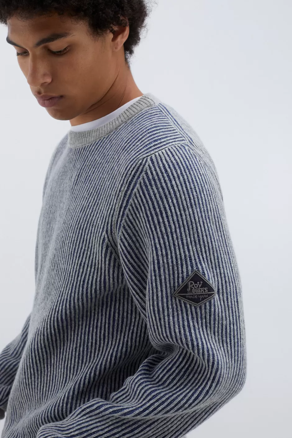 Pull Homme Roy Rogers - Col Rond en Laine et Cachemire Doux, Style Bicolore Élégant