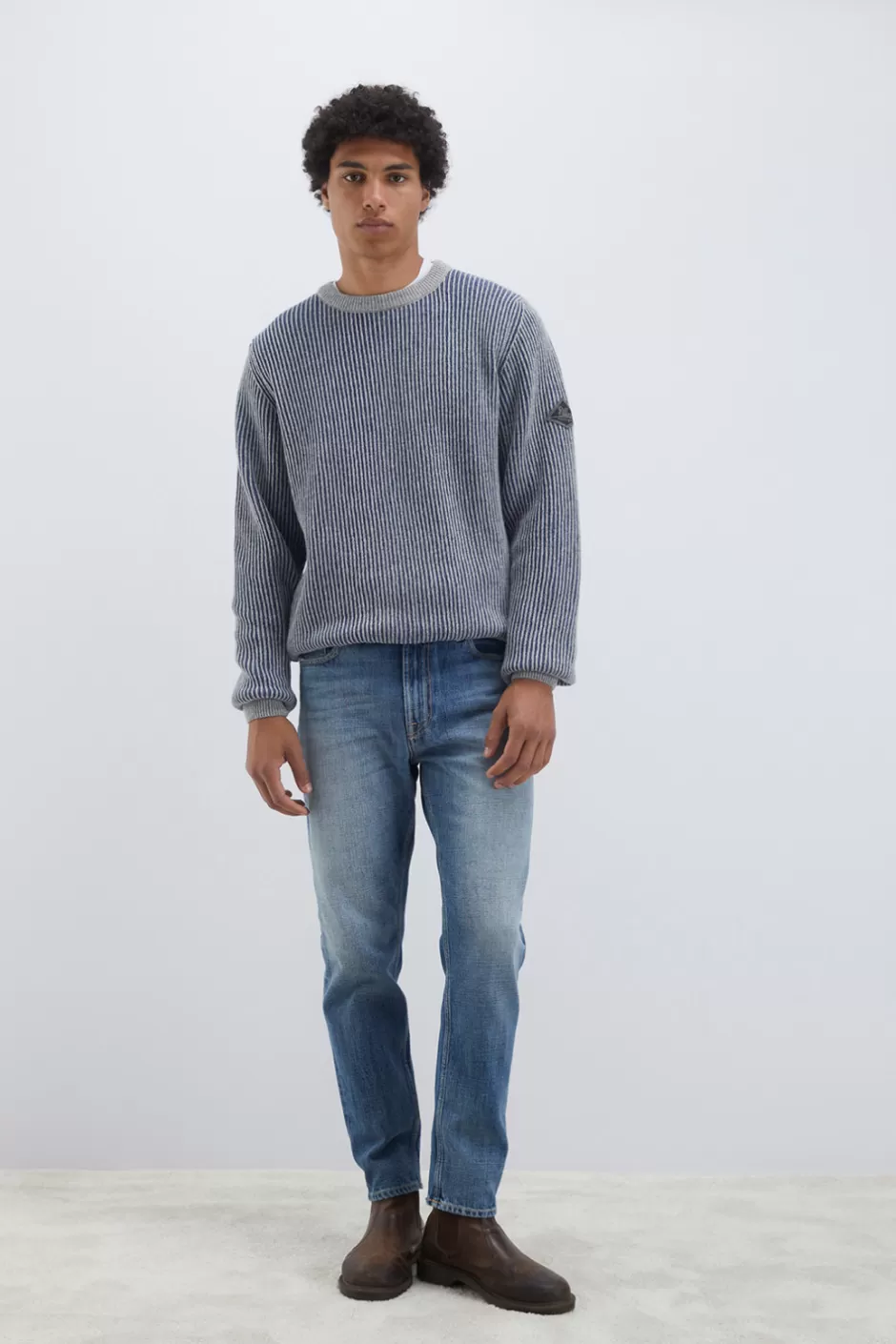 Pull Homme Roy Rogers - Col Rond en Laine et Cachemire Doux, Style Bicolore Élégant
