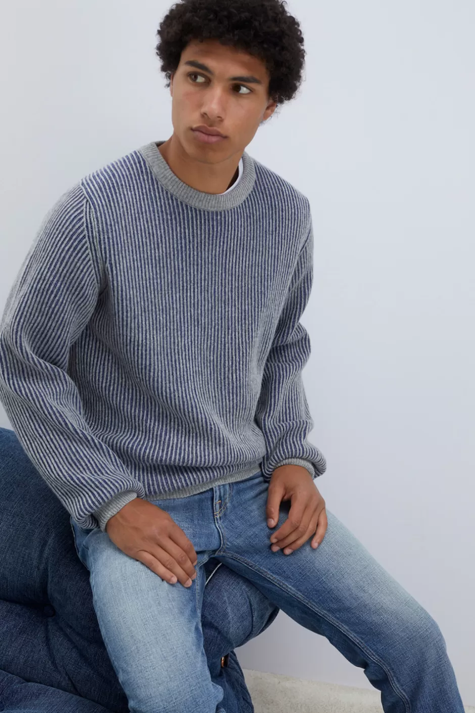 Pull Homme Roy Rogers - Col Rond en Laine et Cachemire Doux, Style Bicolore Élégant